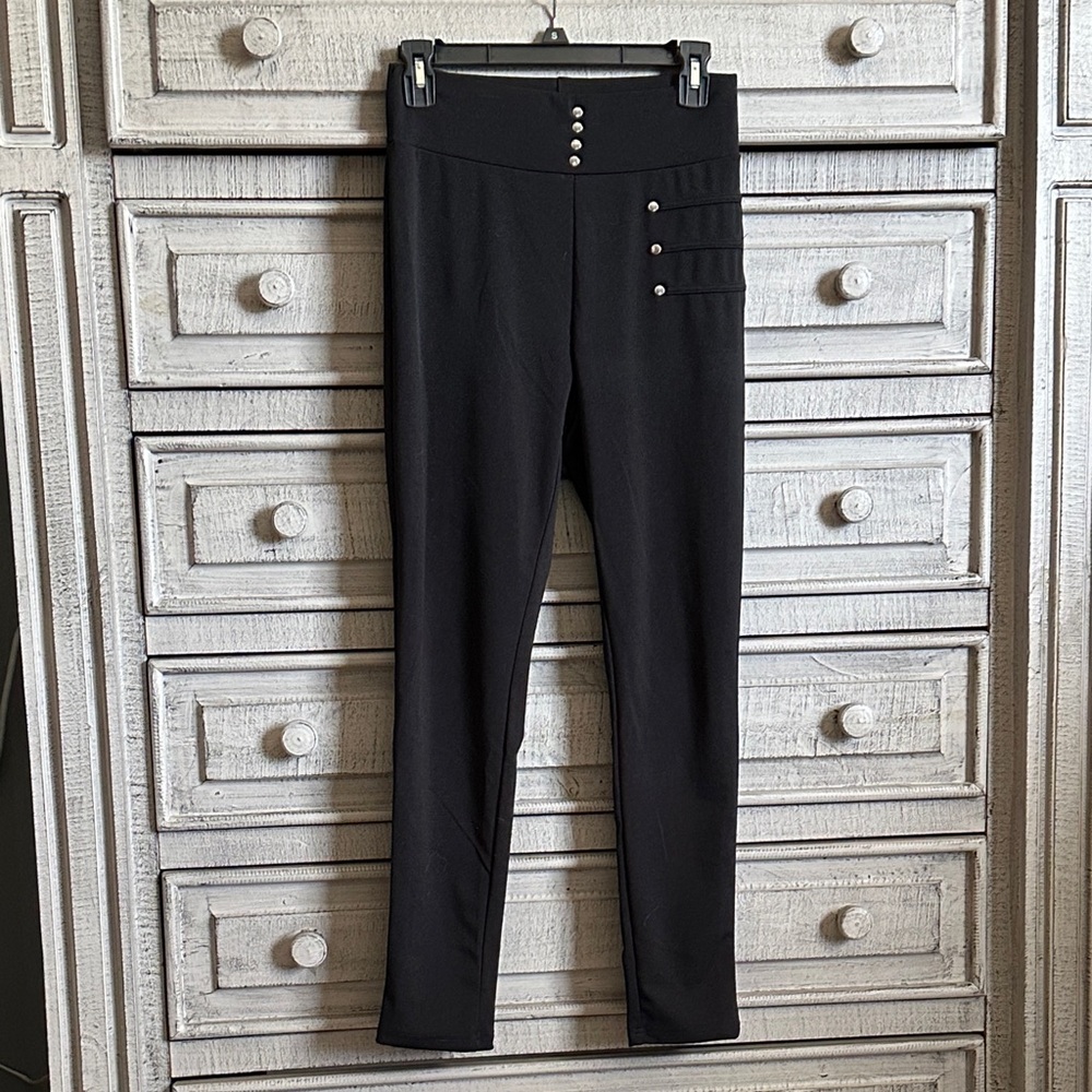 Black High-Waist Ponte Leggings with Decorative Buttons